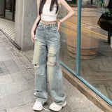 Zingj Waist Adjustable Ripped Jeans Women's Summer 2023 Thin Style Retro Loose Straight Leg Wide-Leg