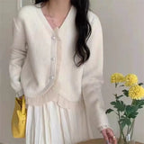 Zingj French Retro V-Neck Gentle Temperament Small Fragrant Wind Jacket Flounce Stitching Chiffon Knit Sweater Woman-Outfit