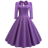 Out Women 50s Rockabilly Dress 3/4 Long Sleeve V Neck Swing Solid Red Blue Green Cotton Retro Vintage Party