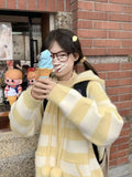 Japanese Kawaii Cartoon Dog Embroidery Knited Cardigan Women All Match Striped Sweater Jackets Hooded Coats