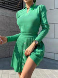 Women's Knitted Two Piece Set For Women Autumn Turn-down Collar Long Sleeve Sweater Pleated Skirt Suit Casual