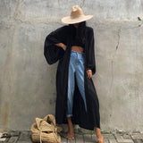 Casual Solid Long Sleeve Self Belted Kimono Dress Plus Size Women Casual Elastic Waist Long Loose Slit Beach Dress