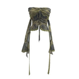 Small-Sized Old-Fashioned Green Shoulder Horn Sleeve Blouse Dye Net Yarn Lace Draw Rope Short T-Shirt
