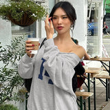 Number Printed One Shoulder Loose Sweatshirt- Outfit