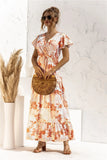 Queens Women Floral Print Short Sleeve Beach Bohemian Maxi Dress Robe Ladies V-neck Boho Dresses