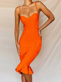 Midi Bandage Dress For Women Fashion Fishtail Ruffle Bodycon Dresses 2022 Summer Sexy Spaghetti Strap Club Party
