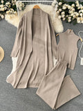Winter Casual Knitted Three Pieces Suits Women Long Sleeve Cardigans+Turtleneck Knit Tank Top+Warm Long Pant