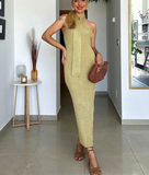 Beige Draped Halter Neck Knit Midi Dress- Outfit