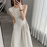 New Spring Summer O Neck Solid Color Sleeveless Chic Dress For Women's French Waist Show Thin Temperament Goddess Fan