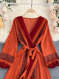 Autumn Women Printed Long Dress Vintage Puff Sleeve High Waist A-Line Vestidos Female 2022 New Fashion Beach