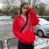 Harajuku Gothic Hoodies Coat Women Skull Print Goth Grunge Long Sleeve Oversized Jacket Rhinestone 90s