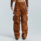 Zingj Cargo Pants Fall 2024 New Personality Splicing Loose PU Leather Pants Casual Wide-Leg Pants