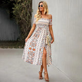 Elegant Floral Print Hem Split Dresses Women Summer Dress 2022 New Boho Holiday Slash Neck Short Sleeve Swing Midi
