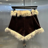 Low Waist Lace-up Fur Trim Shorts- Outfit