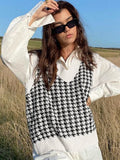 V-neck Sweaters Women Sleeveless Print Casual Y2K Loose England Style Patchwork Knit Autumn Winter Tank Tops