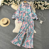Zingj Style Two-Piece Suit Women's Autumn French Retro Print Loose Long-Sleeved Skirt High-Waist Straight Casual