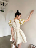 Texture Beige Cut Out Puff Sleeve Princess Dress Women Summer Designer Short Sleeve A Line Mini Cute Dress