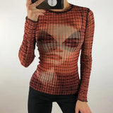 Vintage Mesh Sheer T-shirt See Through Long Sleeve Skinny Crop Top 90s Women Tees Harajuku Streetwear E-girl Gothic