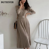 Elegant V-neck Single-breasted Women Thicken Sweater Dress 2021 Autumn Winter Knitted Belted Female A-line soft