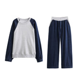 2025 New Denim Splicing Hoodie Elastic Waist Patchwork Color Pants Suit