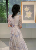 V-neck Print Dress French Style Women Elegent Party Pink Midi Dress Female Fashion A Line Holiday Korean Clothes
