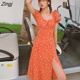 Women Casual Mid-calf Elegant French Square Collar Sweet Puff Sleeve Fairy Abdomen Female High Slit Orange Floral