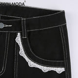 Emo Punk Lace Up Baggy Jeans Women 90S Goth Black Pants Streetwear Pockets Patchwork Wide Leg Cargo Jeans Low Waist