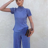 Women's Shirt Pleated Two Piece Set Loose High Waist Wide Leg Pants Suit 2022 Casual Elegant Office Ladies Female