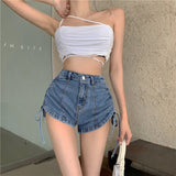 Shorts Jeans Side Drawstring Lacing High Waist Casual Fashion Vintage Self Cultivation Sexy Denim Hot Pants Ladies