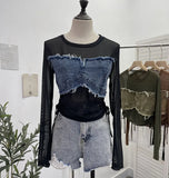Vintage Spice Girls Stomee Net Yarn Sexy Perspective Drawstring Long-Sleeved T-Shirt Top