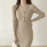 Zingj Autumn Mid-Length Skirt Temperament V-Collar Light Ripe Apricot Trim Skirt Knitting Stretch Thin Buttocks Wool