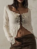 Fairy Grunge Aesthetics Lace Up Front White Crop Tops Y2K Vintage Textured Lettuce Trim Slit Hem Long Sleeve