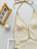 Zingj Bikini Bikini White Coffee Contrast Color Hollow Strap One-Piece Swimsuit