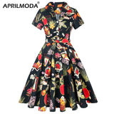 Summer Cotton Vintage Midi Party Dress Short Sleeve 4XL Robe Femme Swing 1950s Retro Floral Print Green Rockabilly