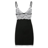 V Neck Patchwork White Lace Sleeveless Mini Dress Summer Sexy Bodycon Short Dresses Women Skinny Party Club
