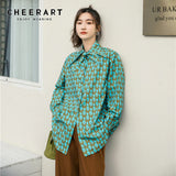 Spring 2021 Green Floral Print Long Sleeve Oversized Shirt Women Button Up Bow Neck Korean Fashion Tops And