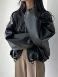 Black Leather Jacket with Drawstring and Collar