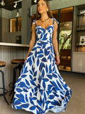 Summer Print Long Dress Women Clothing Lace Up Sling Party Dresses Pattern Strappy Ladies Hollow Out V-Neck Beach