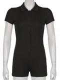 Black Jumpsuit Women Turn Down Collar Short Sleeve Bodysuits Single Breasted Button Ropa De Mujer One Piece Bodycon