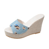 New Thick Bottom Slope With Cloth Face A Word Female Cool Slippers Mature Fashion Casual Large Size High Heel