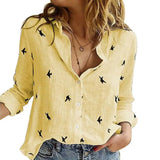 Long Sleeve Birds Print Loose Shirts Women Oversized Cotton and Linen Blouses and Tops Vintage Streetwear Tunic