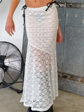 Retro Women Y2K Fairy Grunge Long Skirts Vintage Lace Floral Mesh Sheer See Through Bow Tie up Skirts Beachwear