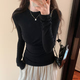 Color Design Feel Small Waist Long-Sleeved T-Shirt Women's Autumn New Round-Neck Blouse Slim And Skinny Bottomed