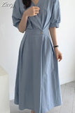 Solid Linen V-Neck Short Sleeve Elastic Waist Woman Midi Dress Elegant Green Summer 2023 Korean Fashion Women