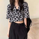 Women Leopard Chiffon Female Turn-down Collar Sexy Streetwear Fashion Casual Crop Top Short Sleeve Popular All-match