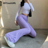 Skinny Elastic Flare Pants Women Casual High Waist Long Trousers Laides Purple Ribbed Sweatpants Summer