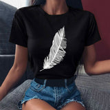 Women Casual Harajuku Fashion T-shirt Feather Print Loose O-neck Short Sleeve Elastic Stretched Summer Home New Tee