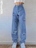 Floral Patchwork Casual Vintage Jeans Women High Waist Denim Pants Capris Fashion Elegant Trousers Ladies
