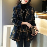 Autumn And Winter New Fashion Korean Loose Thin Retro Lattice Splicing Hundred Suit Collar Hair Coat