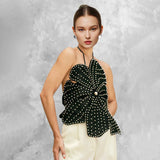 Sexy Blouse 2025 Spring New Fashion Hanging Neck Nail Beads Flowers Brae With Small Vest